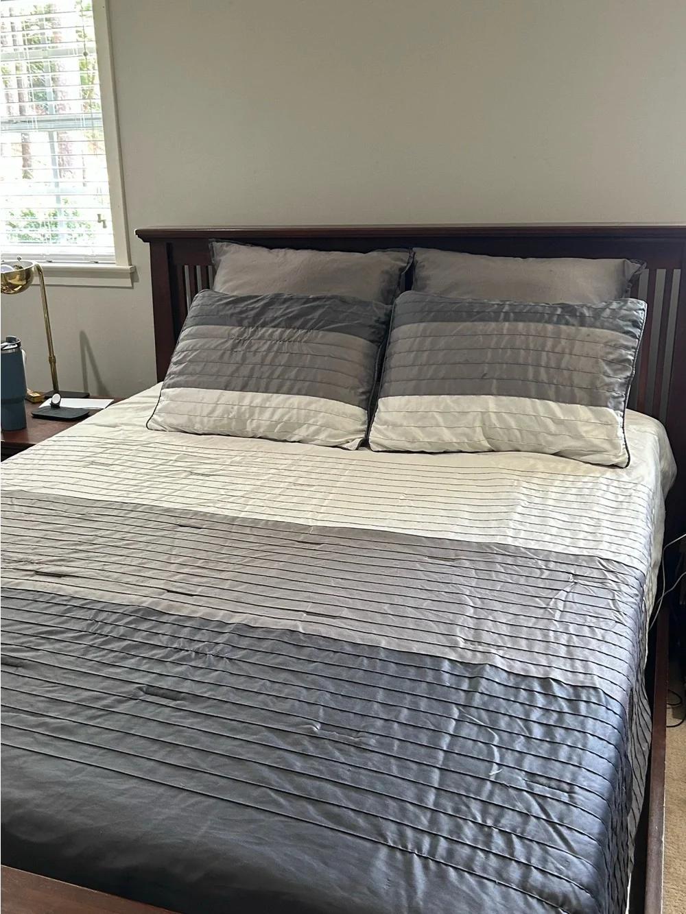 Queen Comforter Set – Gray & White Pleated Bedding Set